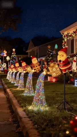 Vereda iluminada con Papá Noel solar con regadera
